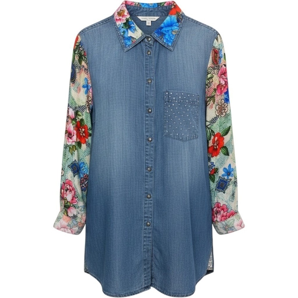 John Mark Mixed Media Shirt SMβ Floral Paisley Denim Print Button Down Vibrant